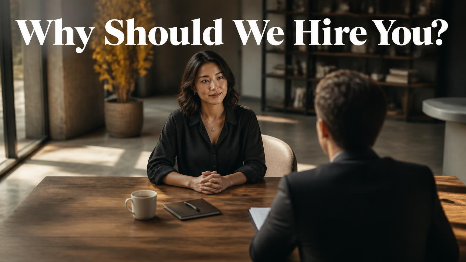 Job candidate calmly and confidently answering the interview question why should we hire you