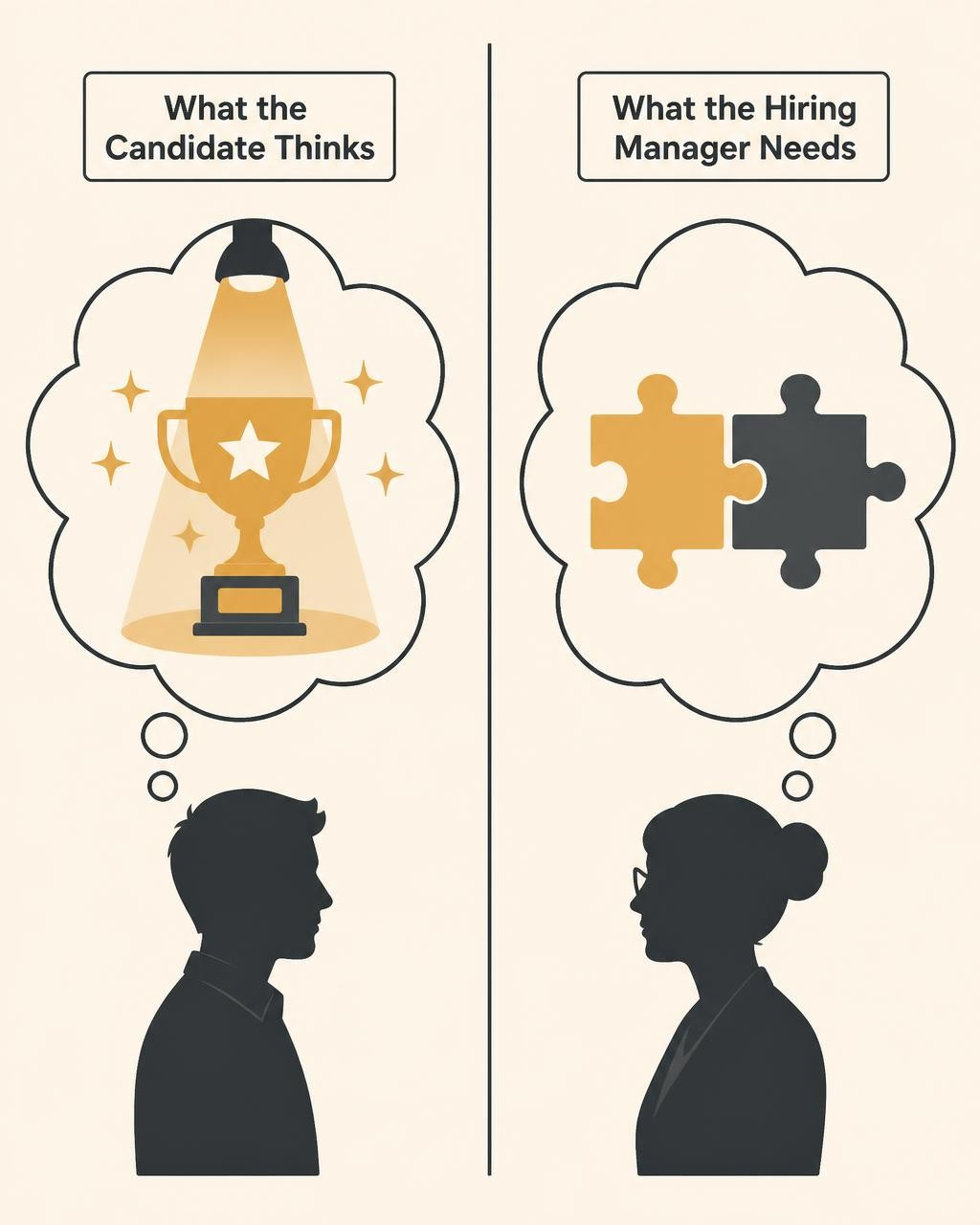 Illustration contrasting what candidates think interviewers want versus what hiring managers actually need