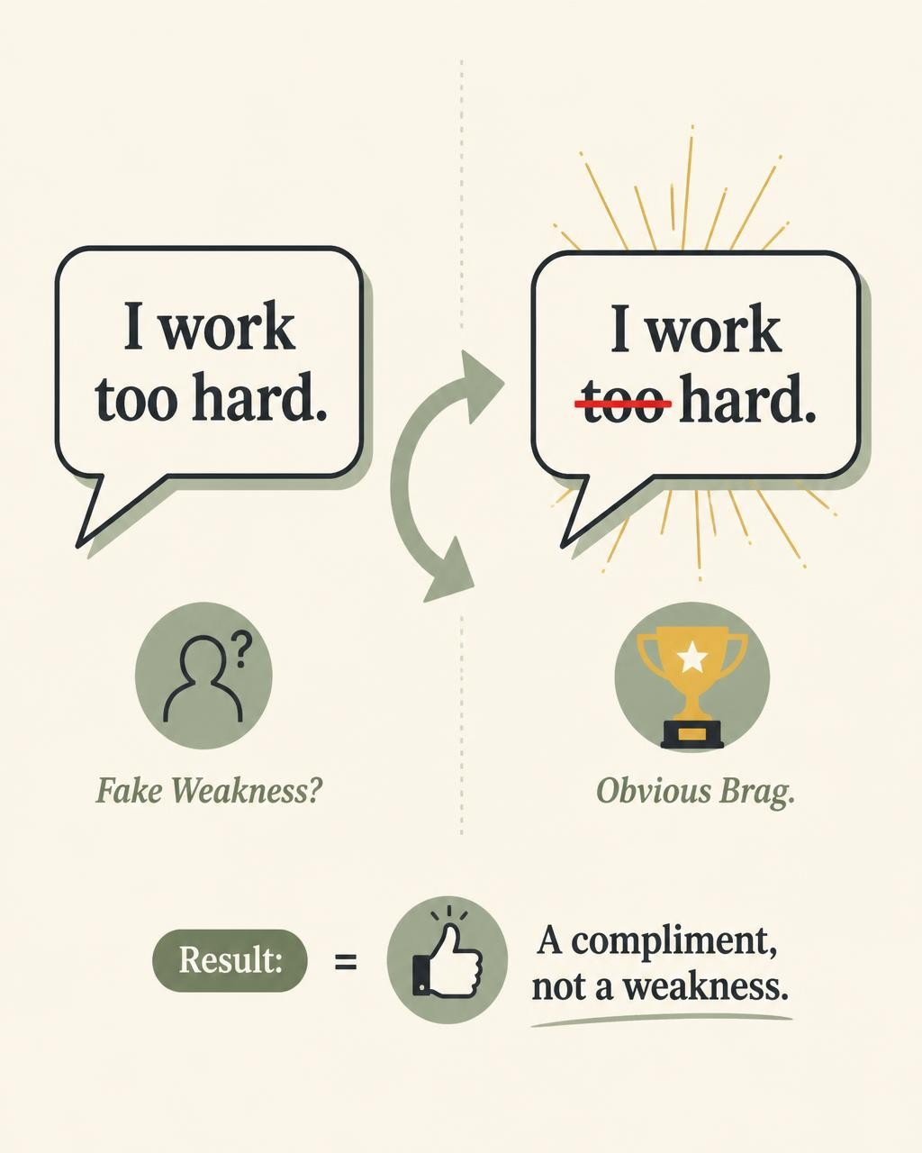 Illustration showing how removing the word too turns a fake interview weakness into an obvious brag
