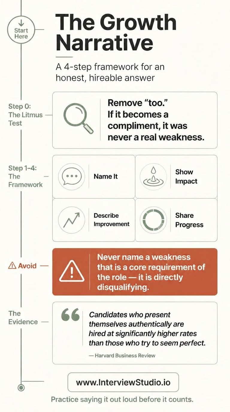 The Growth Narrative infographic for giving an honest and hireable greatest weakness answer